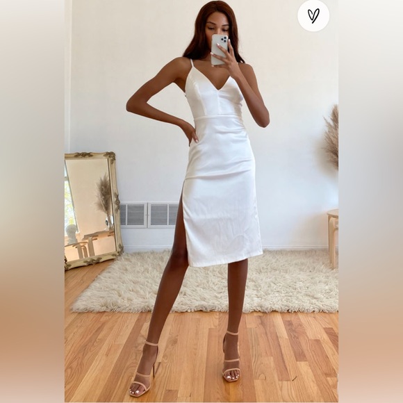 Stunning Sight White Embroidered Lace Satin Midi Dress - Picture 2 of 7